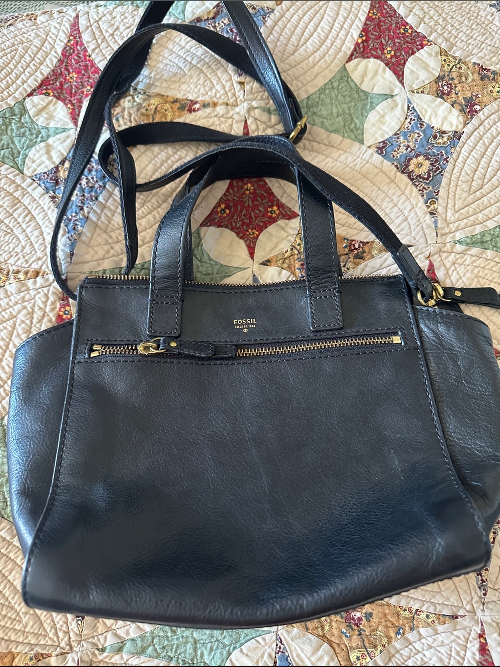 Fossil Black Leather Shoulder Satchel with Gold Hardware